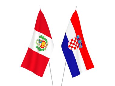 Hırvatistan ve Peru 'nun ulusal kumaş bayrakları beyaz arka planda izole edildi. 3d resimleme.