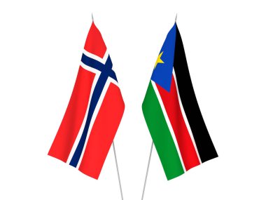Norveç ve Güney Sudan Cumhuriyeti 'nin ulusal kumaş bayrakları beyaz arka planda izole edildi. 3d resimleme.