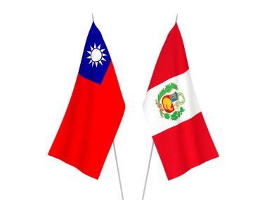 Tayvan ve Peru 'nun ulusal kumaş bayrakları beyaz arka planda izole edildi. 3d resimleme.