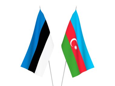 Beyaz arka planda Azerbaycan Cumhuriyeti ve Estonya 'nın ulusal kumaş bayrakları izole edildi. 3d resimleme.