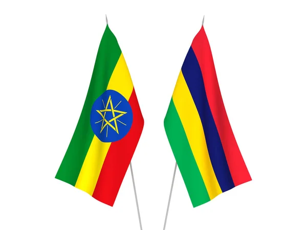 埃塞俄比亚和毛里求斯共和国的国旗以白色背景隔离 3D渲染说明 — 图库照片