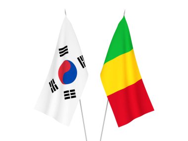 Güney Kore ve Mali 'nin ulusal kumaş bayrakları beyaz arka planda izole edildi. 3d resimleme.