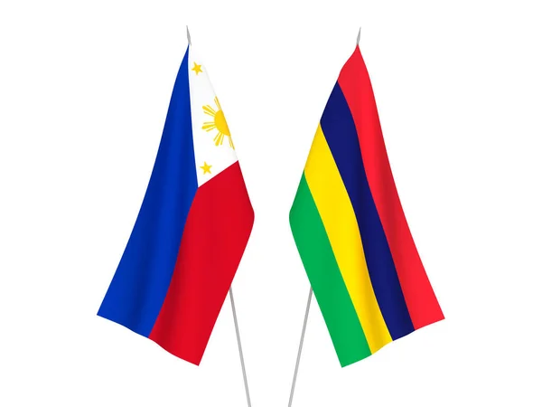 Banderas Nacionales Tela Filipinas República Mauricio Aisladas Sobre Fondo Blanco — Foto de Stock