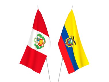 Beyaz arka planda Ekvador ve Peru 'nun ulusal kumaş bayrakları izole edildi. 3d resimleme.