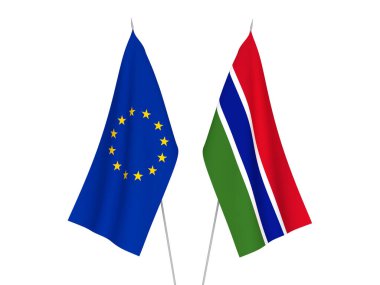 Beyaz arka planda Avrupa Birliği ve Gambiya Cumhuriyeti bayrakları izole edildi. 3d resimleme.