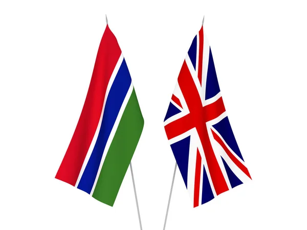 Bandeiras Tecido Nacional Grã Bretanha República Gâmbia Isoladas Fundo Branco — Fotografia de Stock