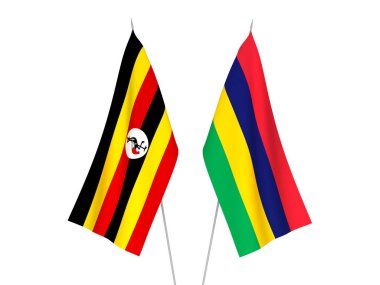 Beyaz arka planda Uganda ve Mauritius Cumhuriyeti 'nin ulusal kumaş bayrakları izole edildi. 3d resimleme.