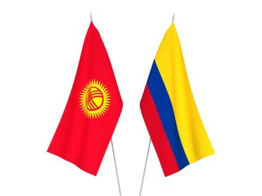 Beyaz arka planda Kolombiya ve Kırgızistan 'ın ulusal kumaş bayrakları izole edildi. 3d resimleme.