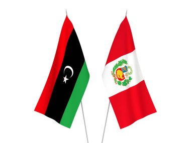 Libya ve Peru 'nun ulusal kumaş bayrakları beyaz arka planda izole edildi. 3d resimleme.