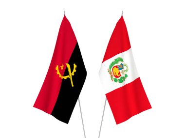 Angola ve Peru 'nun ulusal kumaş bayrakları beyaz arka planda izole edildi. 3d resimleme.