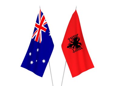 Avustralya ve Arnavutluk 'un ulusal kumaş bayrakları beyaz arka planda izole edildi. 3d resimleme.