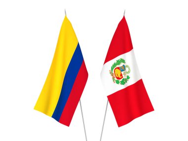 Beyaz arka planda Kolombiya ve Peru 'nun ulusal kumaş bayrakları izole edildi. 3d resimleme.