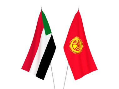 Beyaz arka planda Sudan ve Kırgızistan 'ın ulusal kumaş bayrakları izole edildi. 3d resimleme.