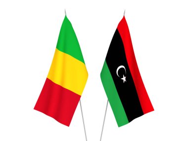 Libya ve Mali 'nin ulusal kumaş bayrakları beyaz arka planda izole edildi. 3d resimleme.