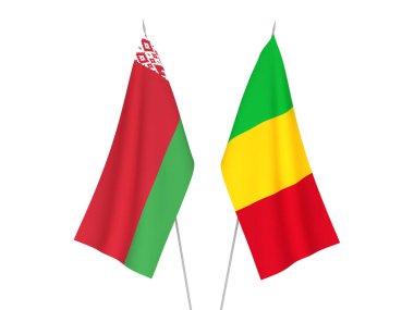 Beyaz arka planda Beyaz Rusya ve Mali 'nin ulusal kumaş bayrakları izole edildi. 3d resimleme.