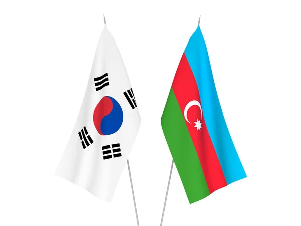 Bandeiras Tecido Nacional Coreia Sul República Azerbaijão Isoladas Fundo Branco — Fotografia de Stock