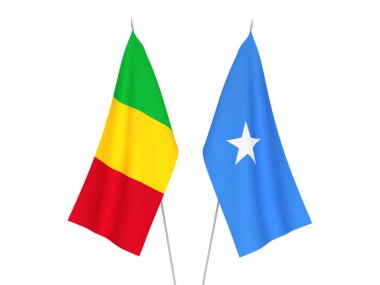 Beyaz arka planda Somali ve Mali 'nin ulusal kumaş bayrakları izole edildi. 3d resimleme.