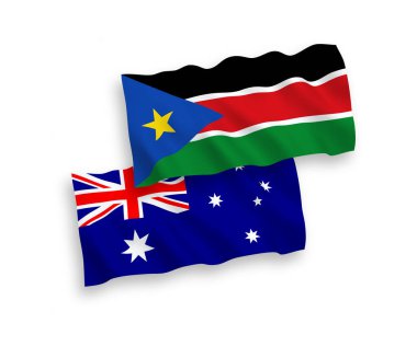 Avustralya ve Güney Sudan Cumhuriyeti 'nin ulusal taşıyıcı kumaş bayrakları beyaz arka planda izole edildi. 1 'e 2 oranında.