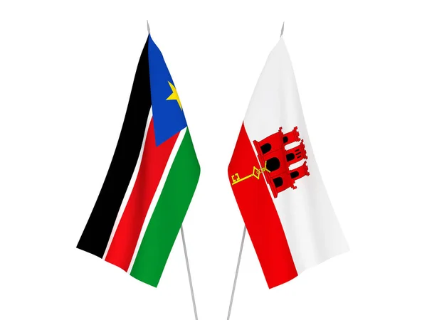 Bandeiras Tecido Nacional Gibraltar República Sudão Sul Isoladas Fundo Branco — Fotografia de Stock