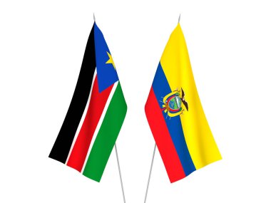 Beyaz arka planda Ekvador ve Güney Sudan Cumhuriyeti 'nin ulusal kumaş bayrakları izole edildi. 3d resimleme.
