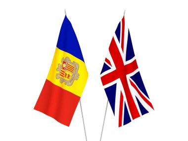 Büyük Britanya ve Andorra 'nın ulusal kumaş bayrakları beyaz arka planda izole edildi. 3d resimleme.