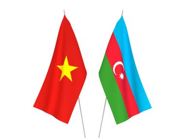 Beyaz arka planda Vietnam ve Azerbaycan Cumhuriyeti ulusal kumaş bayrakları izole edildi. 3d resimleme.