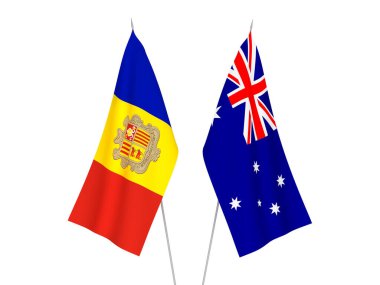 Avustralya ve Andorra 'nın ulusal kumaş bayrakları beyaz arka planda izole edildi. 3d resimleme.