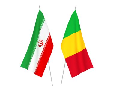 Beyaz arka planda İran ve Mali 'nin ulusal kumaş bayrakları izole edildi. 3d resimleme.
