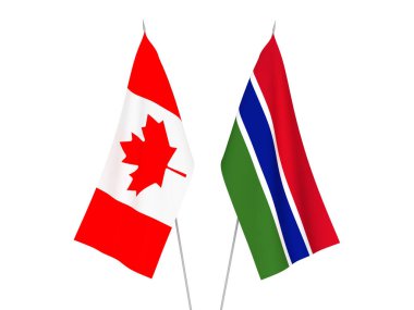 Gambiya Cumhuriyeti ve Kanada 'nın ulusal kumaş bayrakları beyaz arka planda izole edildi. 3d resimleme.