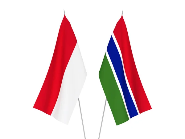 冈比亚共和国和印度尼西亚的国家织物旗帜以白色背景隔离 3D渲染说明 — 图库照片