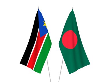 Bangladeş 'in ulusal kumaş bayrakları ve Güney Sudan Cumhuriyeti beyaz arka planda izole edildi. 3d resimleme.