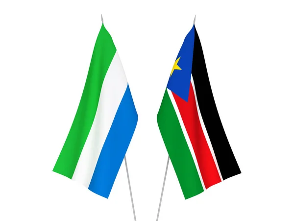 Nationell Tyg Flaggor Sierra Leone Och Republiken Sydsudan Isolerad Vit — Stockfoto
