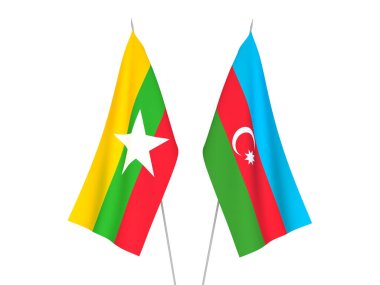 Beyaz arka planda Myanmar ve Azerbaycan Cumhuriyeti 'nin ulusal kumaş bayrakları izole edildi. 3d resimleme.