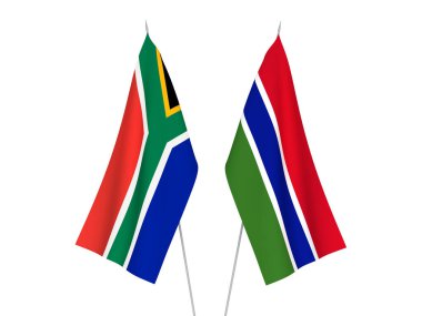 Güney Afrika Cumhuriyeti ve Gambiya Cumhuriyeti bayrakları beyaz arka planda izole edilmiştir. 3d resimleme.