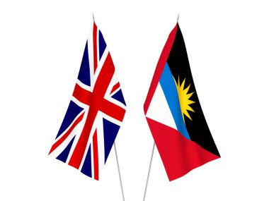 Beyaz arka planda Büyük Britanya, Antigua ve Barbuda 'nın ulusal kumaş bayrakları izole edildi. 3d resimleme.