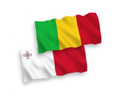 Malta ve Mali 'nin ulusal taşıyıcı kumaş bayrakları beyaz arka planda izole edildi. 1 'e 2 oranında.