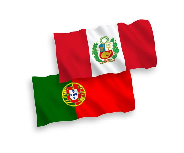 Nationell Vektor Tyg Våg Flaggor Portugal Och Peru Isolerade Vit — Stock vektor
