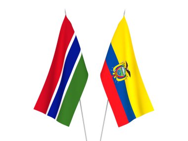 Beyaz arka planda Ekvador ve Gambiya Cumhuriyeti 'nin ulusal kumaş bayrakları izole edildi. 3d resimleme.