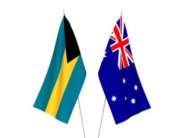 Avustralya 'nın ulusal kumaş bayrakları ve Bahamalar Cumhuriyeti beyaz arka planda izole edildi. 3d resimleme.