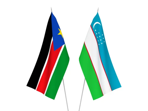 Drapeaux Nationaux Tissu Ouzbékistan République Soudan Sud Isolés Sur Fond — Photo