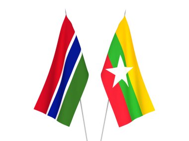 Beyaz arka planda Myanmar ve Gambiya Cumhuriyeti 'nin ulusal kumaş bayrakları izole edildi. 3d resimleme.