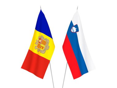 Slovenya ve Andorra 'nın ulusal kumaş bayrakları beyaz arka planda izole edildi. 3d resimleme.