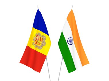 Hindistan ve Andorra 'nın ulusal kumaş bayrakları beyaz arka planda izole edildi. 3d resimleme.