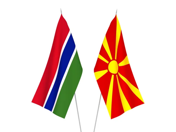 Drapeaux Nationaux Tissu Macédoine Nord République Gambie Isolés Sur Fond — Photo