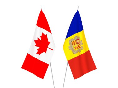 Beyaz arka planda Andorra ve Kanada 'nın ulusal kumaş bayrakları izole edildi. 3d resimleme.