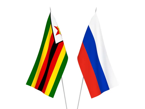 Bandiere Nazionali Tessuto Russia Zimbabwe Isolate Sfondo Bianco Illustrazione Rendering — Foto Stock