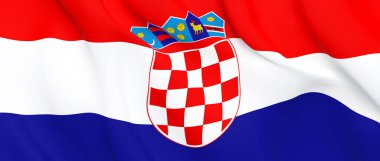 Hırvatistan Ulusal Kumaş Dalgası Kapanış Bayrağı Rüzgarda Dalgalanıyor. 3d resimleme.