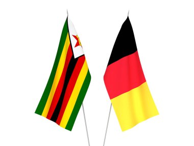 Beyaz arka planda Belçika ve Zimbabwe 'nin ulusal kumaş bayrakları izole edildi. 3d resimleme.