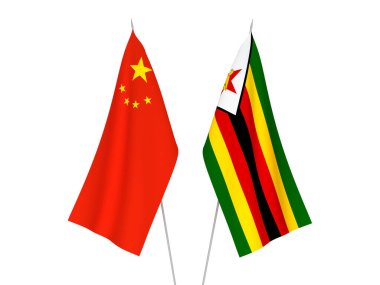 Beyaz arka planda Çin ve Zimbabwe 'nin ulusal kumaş bayrakları izole edildi. 3d resimleme.