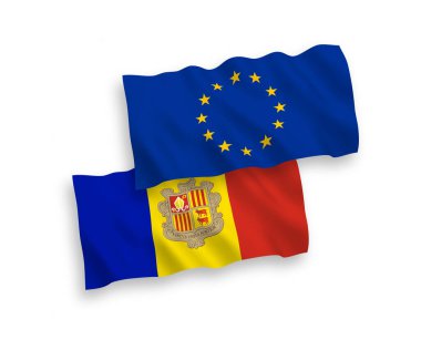 Beyaz arkaplanda Avrupa Birliği ve Andorra bayrakları